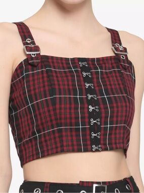 HOT TOPIC Maroon and Black Plaid Hook-Front Crop Top with elastic back